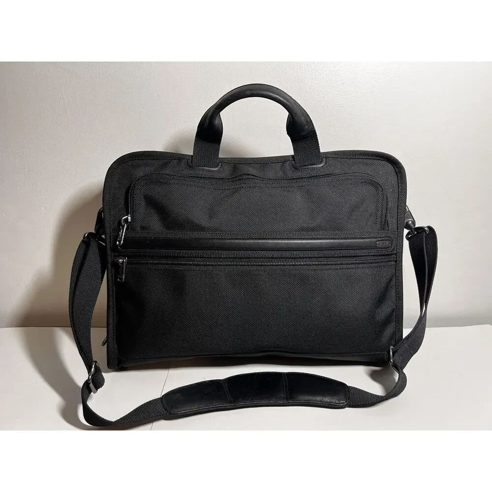 Tumi Black Alpha Slim Deluxe Portfolio Briefcase Laptop Messenger Bag Multi Pkt